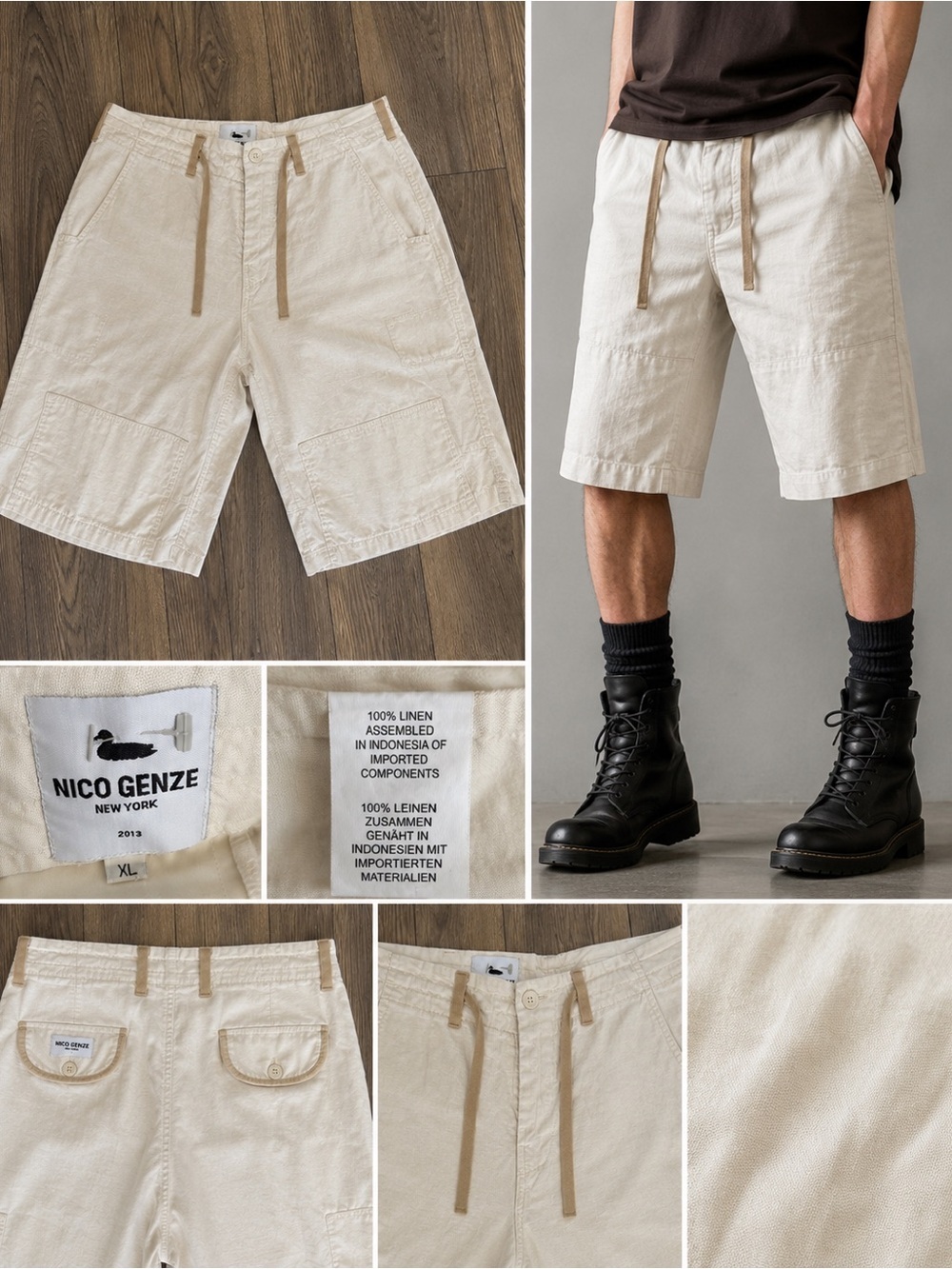 NICO GENZE New York 100% Linen Avant Garde Cargo Shorts XL ivory Artisanal”